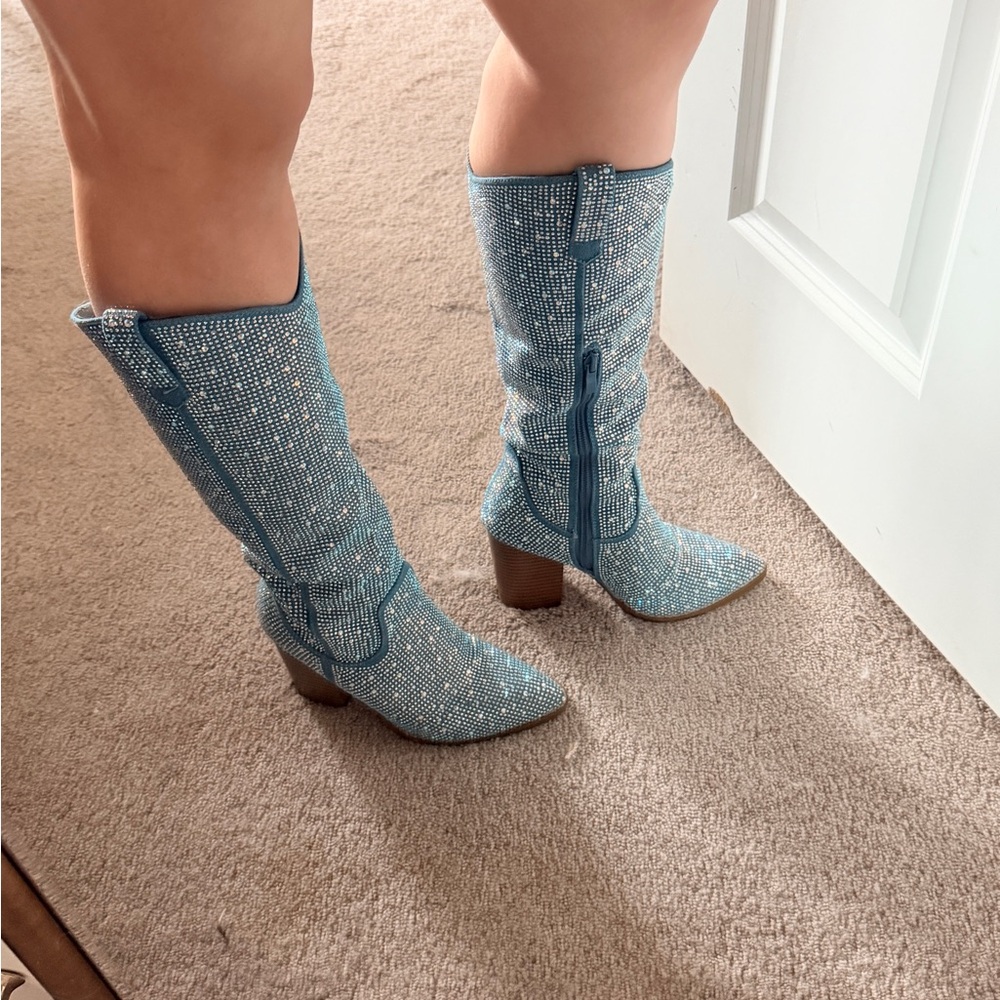 Blue Rhinestone Knee-High Boots
